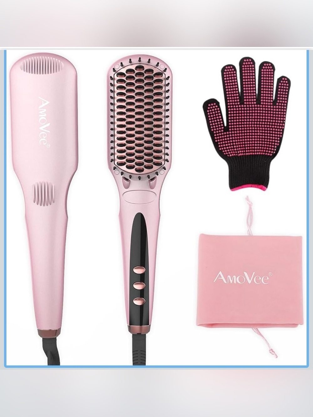 AmoVee Hair straightening Brush styling Tool Fast Heat Adjustable Temp Pink New